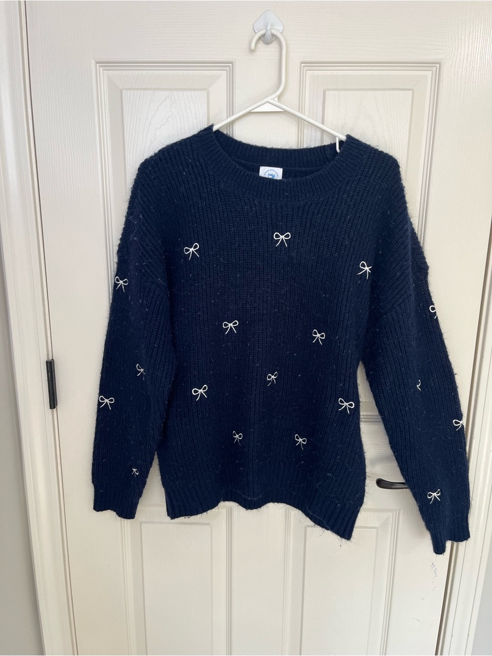crown & ivy Navy Crewneck Sweater with White Bow Pattern